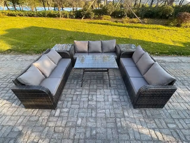 Fimous 9 Seater Wicker Rattan Garden Furniture Set with Rectangular Dining Table and 2 Side Tables in Dark Grey