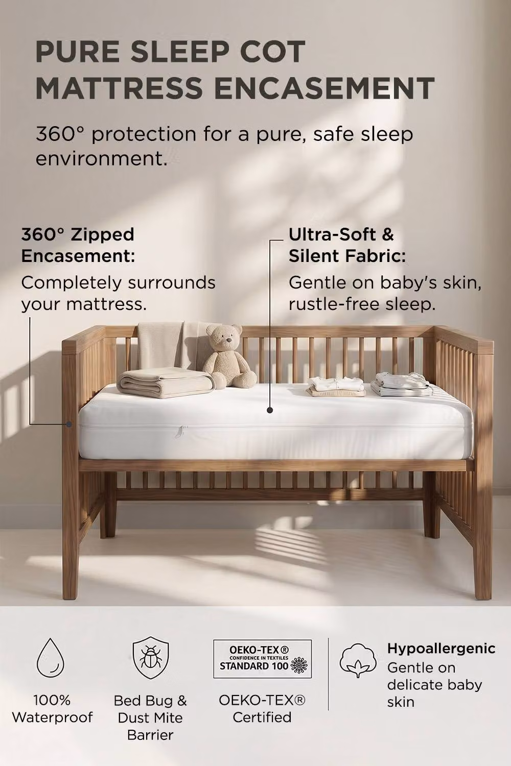 Homescapes Set of 2 Waterproof Zipped Cot Bed Mattress Encasement Protectors, White, W/D/H: 70 x 140 x 10 cm – 2