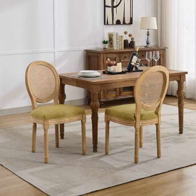 HomeTouch Set of 6 French Style Rattan Back Dining Chairs in Light Green with Linen Fabric – 1
