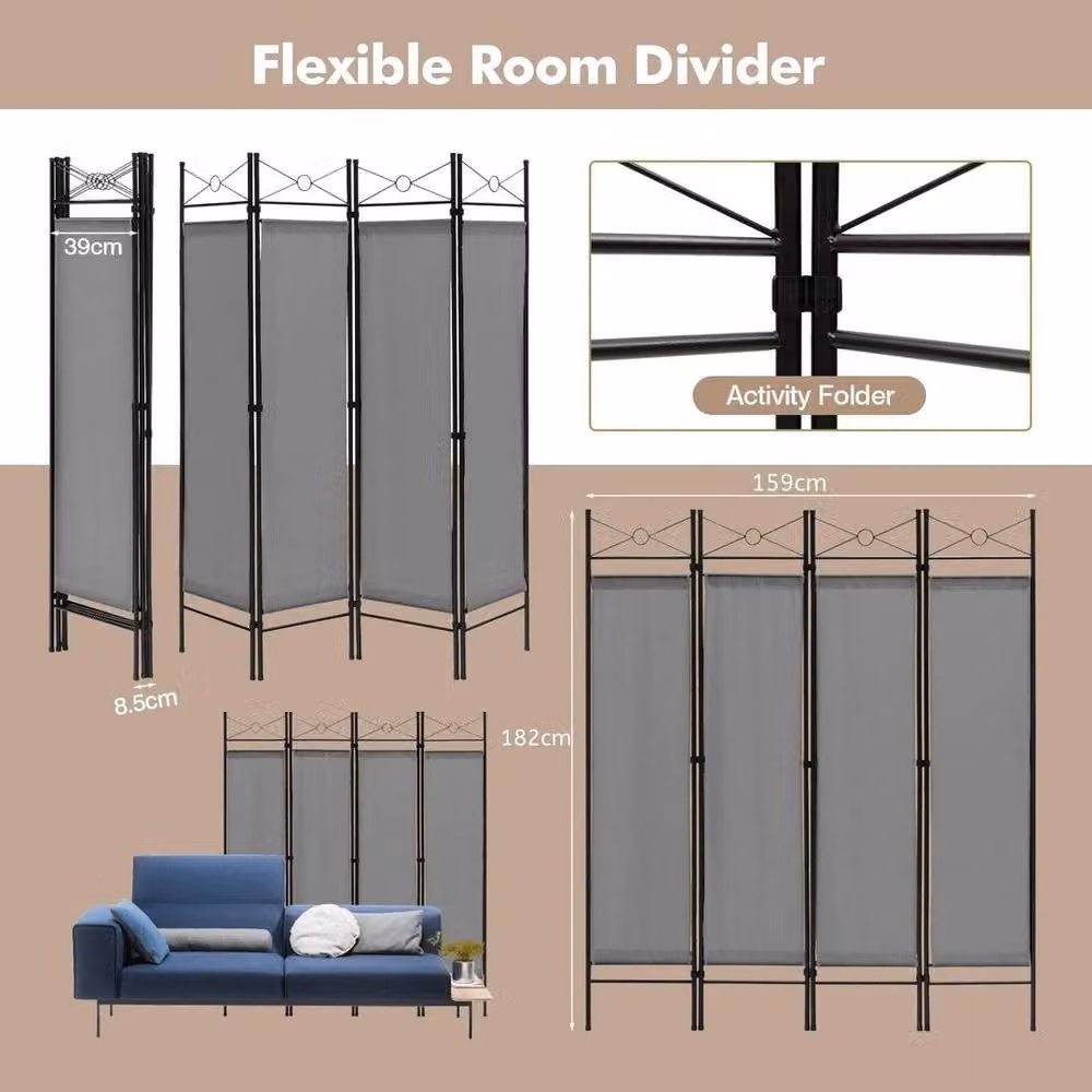 KORVIXA 4-Panel Foldable Room Divider in Grey – 1