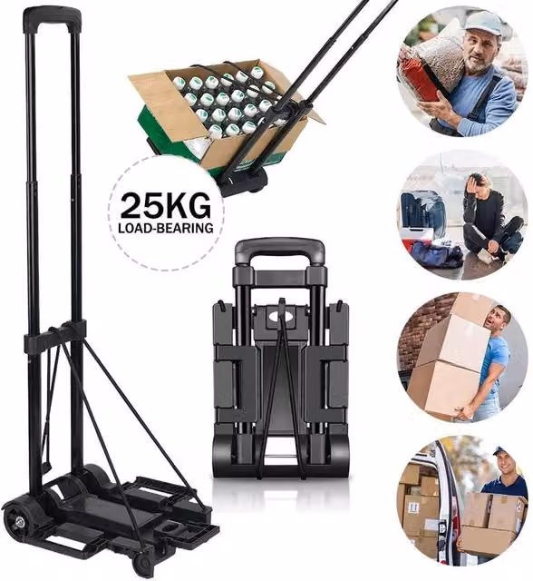 FLAVORA Folding Steel Trolley with Widened Base and Elastic Ropes in Black – 1