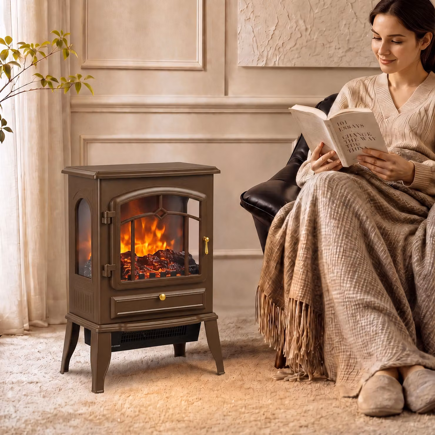 HOMCOM Brown 3-Sided Freestanding Electric Fireplace Stove with 3D Flame Log and Thermostat, 1000/2000W – 2