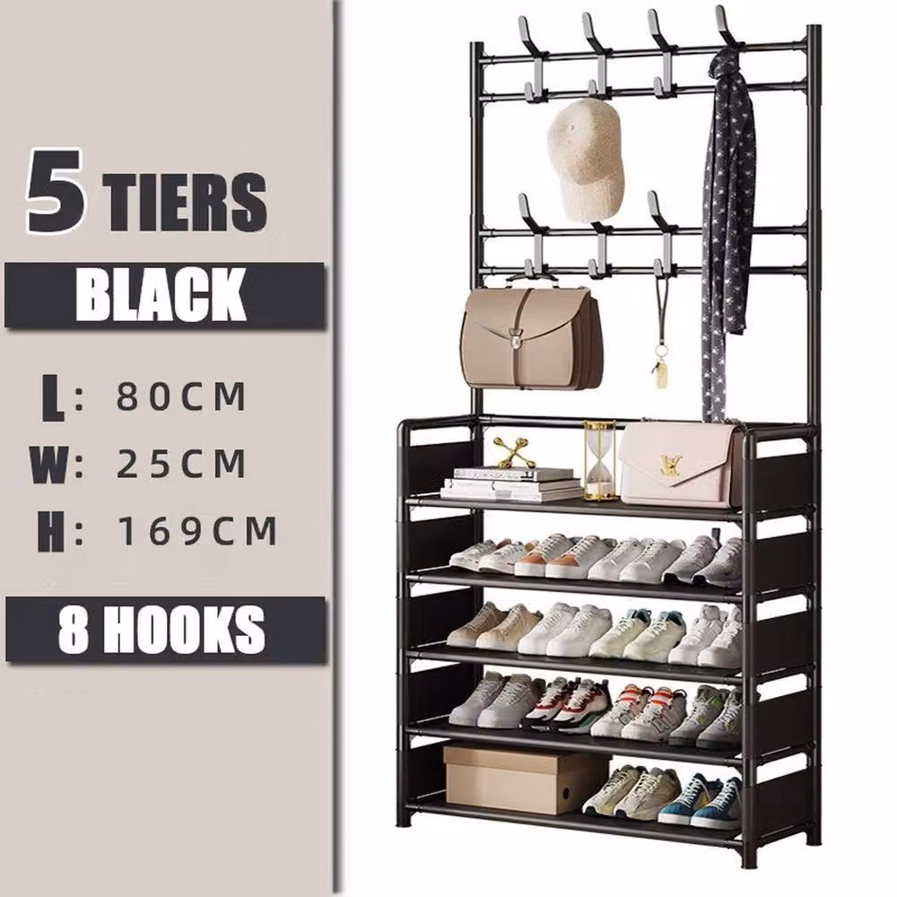 VOGREX 5 Tier Metal Hall Tree with Bench and 8 Hooks Shoe Rack in Matt Black – 2