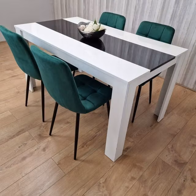 Kosy Koala Modern Dining Set with Rectangular Table and 4 Green Velvet Chairs in Black and White