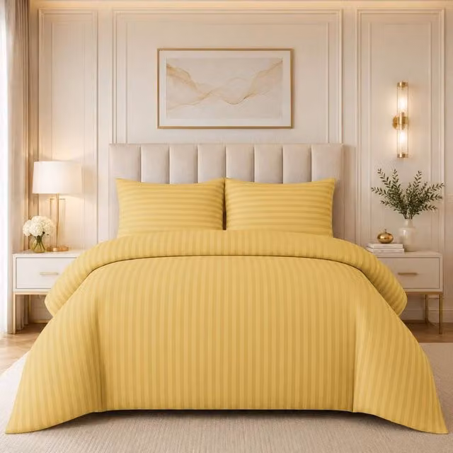 Grace Embossed Satin Stripe Microfibre Duvet Cover Set in Yellow, W/H: 140 x 200 cm