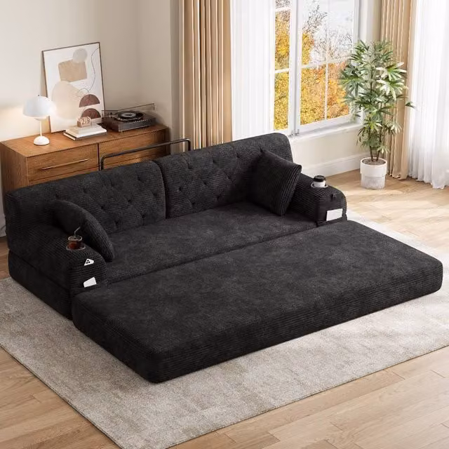 Rolipo Black 3-Seater Corduroy Sleeper Sofa Bed with Cup Holders