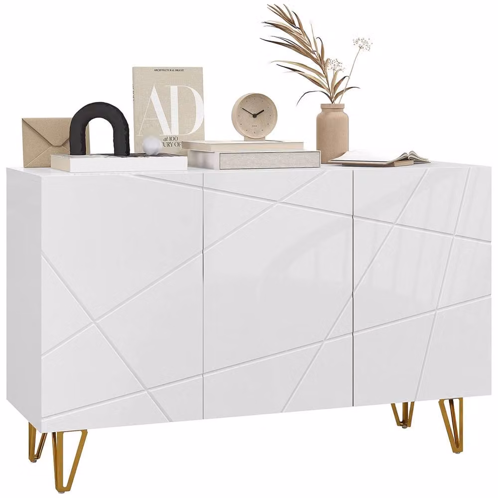 Wyld Haus Sarota Modern High Gloss White Sideboard with Gold Tone Hairpin Legs – 2