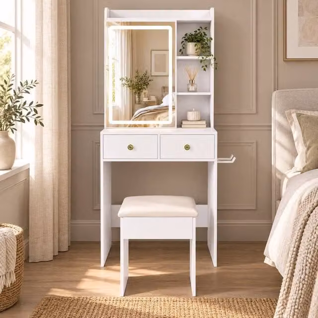 AKI HAUS Modern White 2-Drawer Dressing Table with LED Mirror and Stool