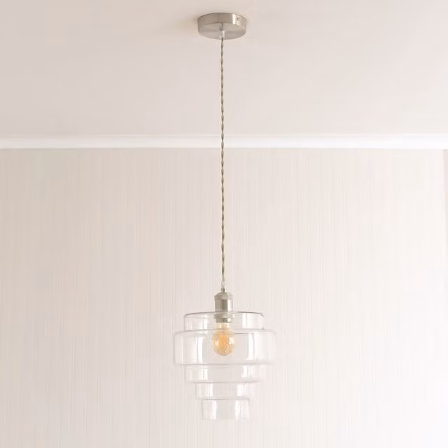 ValueLights Lane 5 Tier Layered Glass Pendant Ceiling Light with LED Bulb in Brushed Chrome and Clear Glass