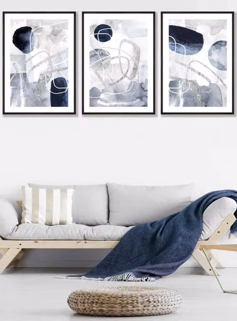 ARTZE Set of 3 Modern Abstract Navy Blue, Silver and White Watercolour Shape Wall Art with Black Frames, W: 33 cm, H: 45 cm, D: 2 cm
