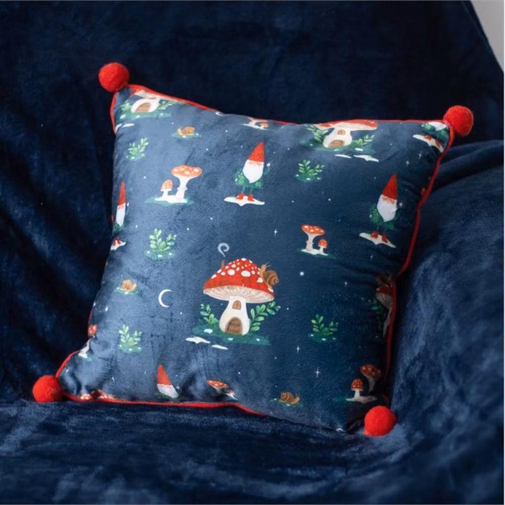 Uniqueful Navy Blue Gnome Print Square Cushion with Pom Poms, 35 x 35 cm – 2