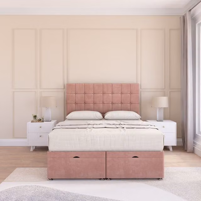 Sloomy Alabama Pink Plush Fabric Ottoman Bed with Sprung Memory Mattress and 54 Inch Floorstanding Headboard, Size: Double (W/D: 140 x 200 cm)