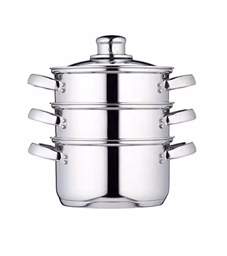 KitchenCraft Stainless Steel Three Tier Steamer Pot with Glass Lid, Silver