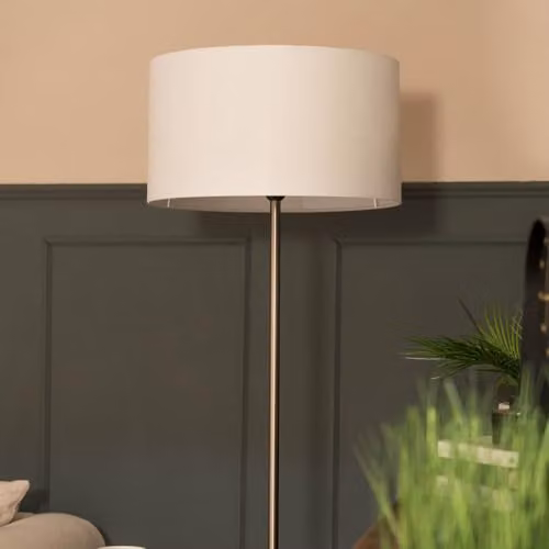 ValueLights MiniSun Floor Lamp with Brushed Chrome Stem, Marble Base and White Fabric Shade – 3
