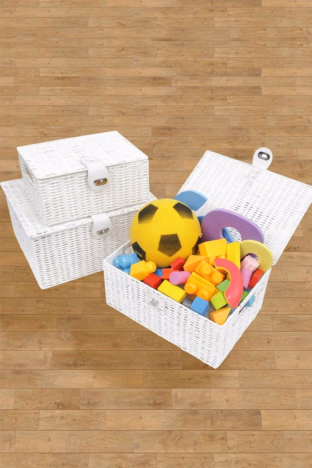 Arpan Set of 3 White Resin Woven Storage Basket Boxes with Lids and Locks – 3