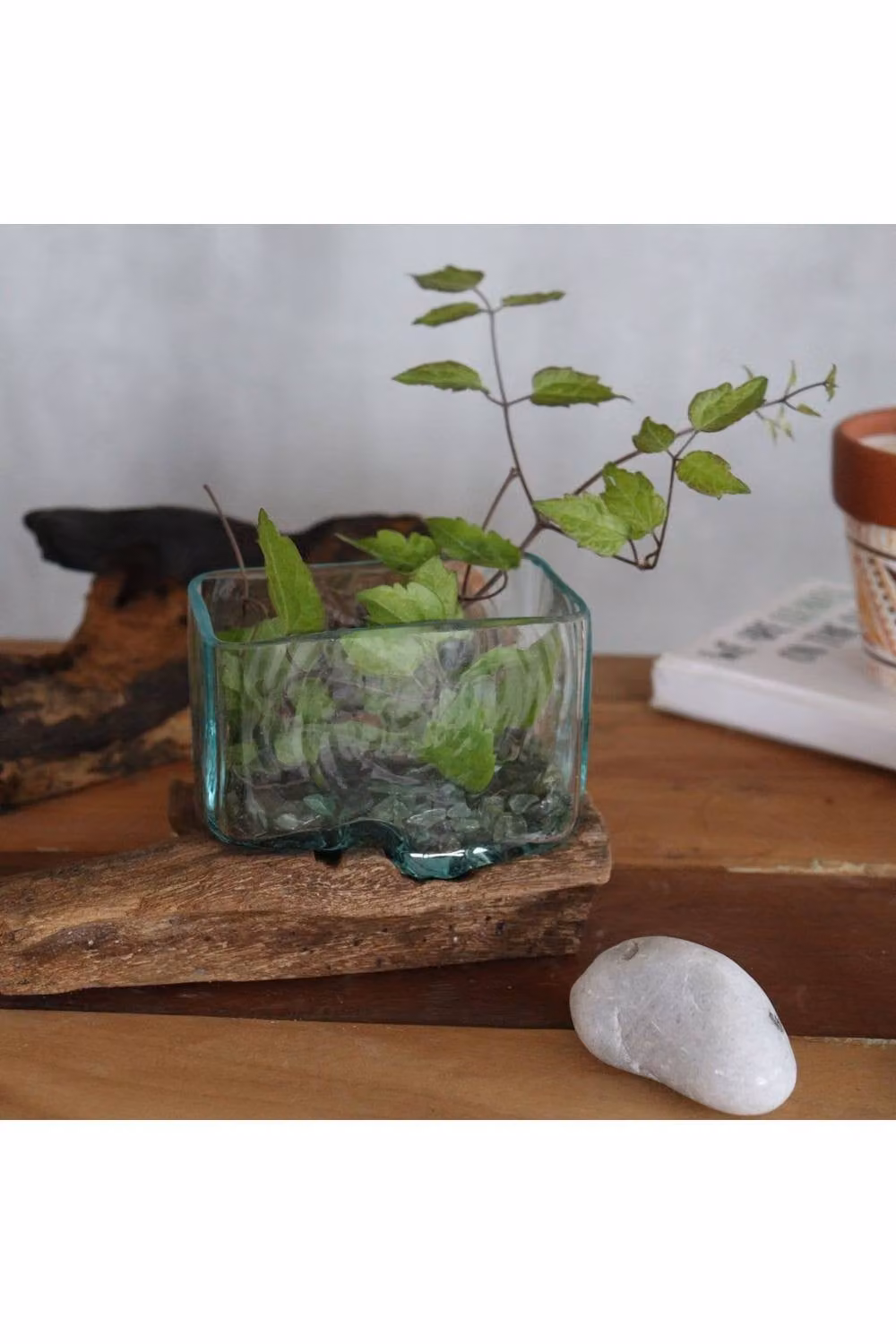 KDMD Medium Turquoise Molten Glass Bowl on a Rustic Wood Stand – 3