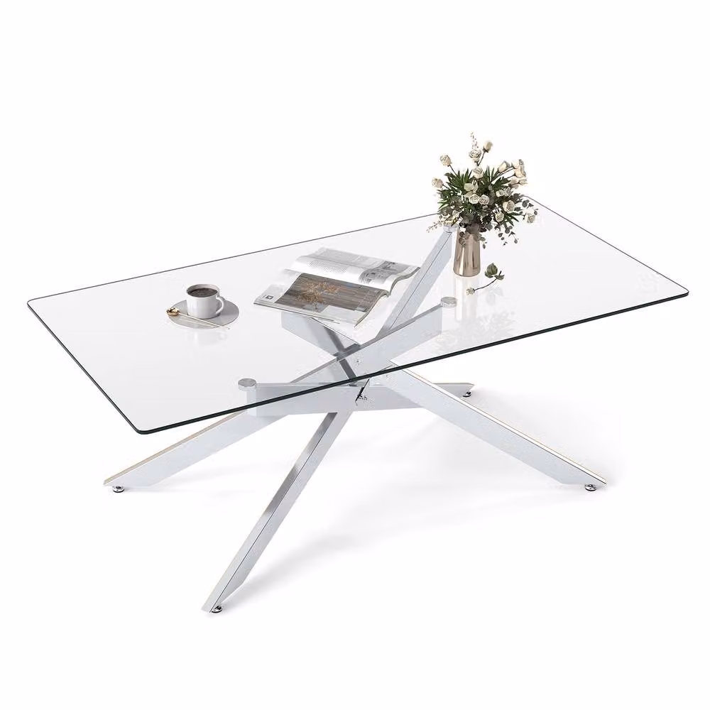 Costway Modern Rectangular Glass Coffee Table with Silver Metal Frame – 4