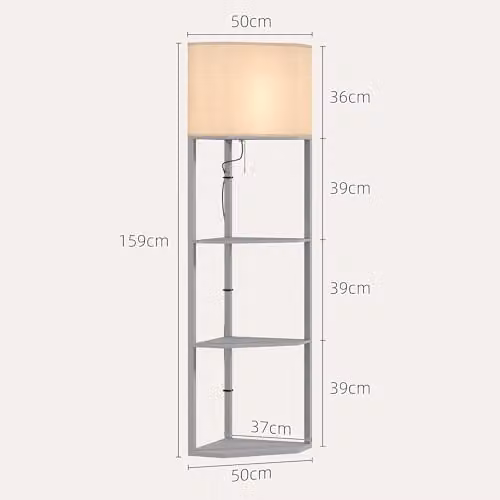 HOMCOM Modern Grey Corner Floor Lamp with Wood Shelves and Pull Chain Switch – 3