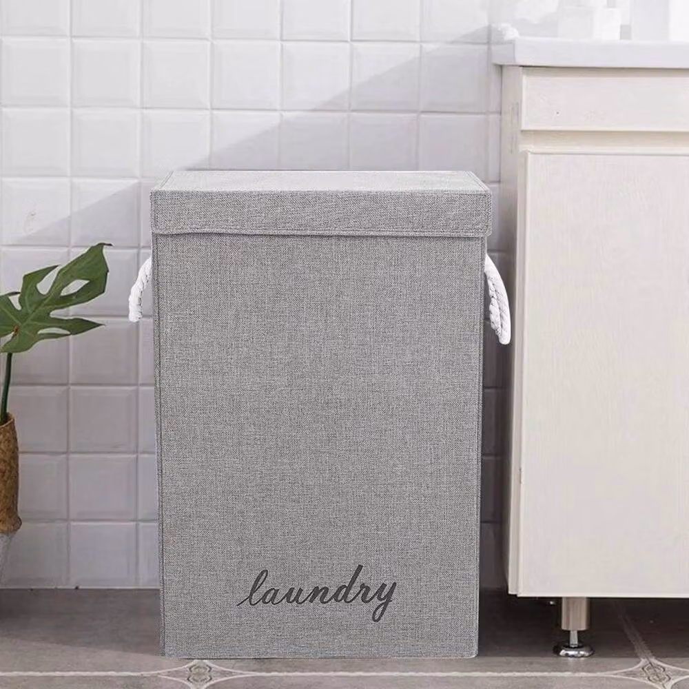 KORVIXA Collapsible Linen Laundry Hamper with Lid in Grey, W/D/H: 100 x 100 x 100 cm – 2
