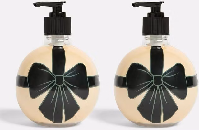 OHS 2 Pack Bow Bauble Pump Dispenser Refillable Bottles in Beige – 1