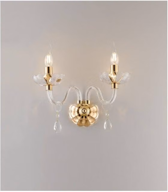 Netlighting RIFLESSO Twin 2 Light Candle Wall Light in Gold and Crystal, W/D/H: 40 x 35 x 18 cm