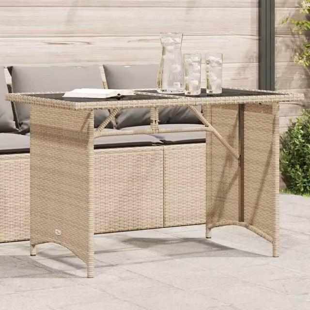 Berkfield Home Modern Poly Rattan Garden Table with Glass Top, Beige, W/D/H: 110 x 68 x 70 cm – 1