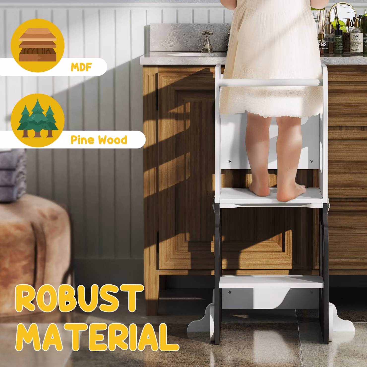 AIYAPLAY 4 in 1 Foldable Toddler Step Stool and Standing Tower with Safety Rail in Grey – 6