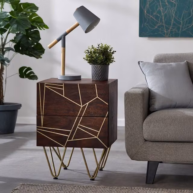 IH Design Dallas Side Table in Dark Mango Wood and Gold Metal