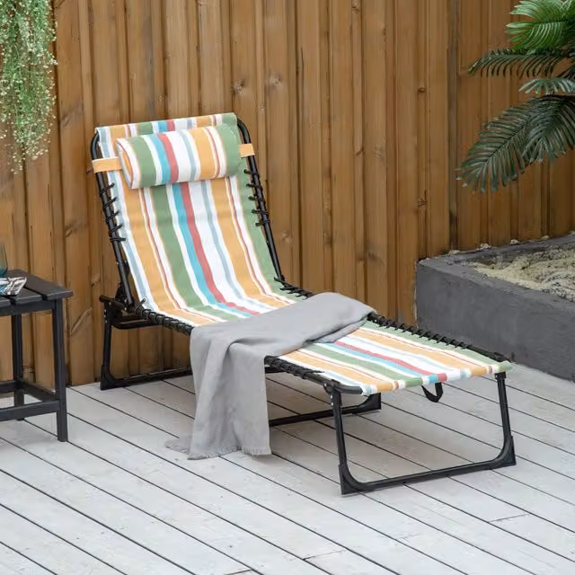 Outsunny Multicoloured Striped Reclining Sun Lounger with Metal Frame and Fabric Seat