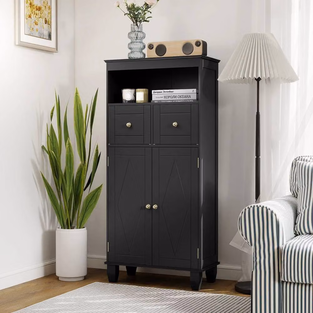 VOGREX Modern Freestanding Black Wood Bathroom and Living Room Storage Cabinet Organiser – 4