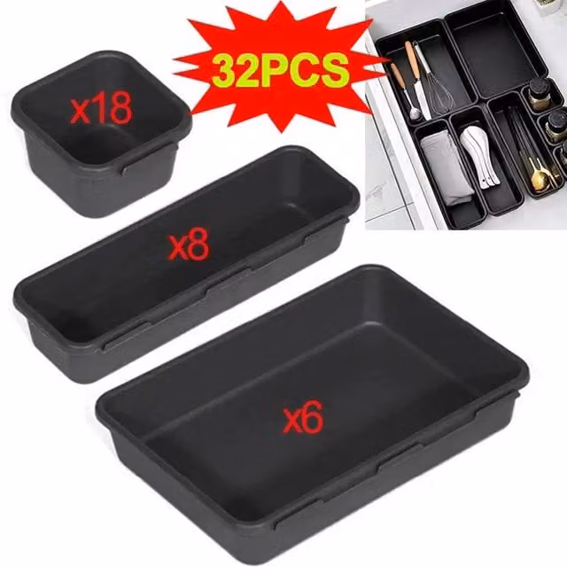 EONLION 32-Piece Interlocking Tool Box Organizer Tray, Black
