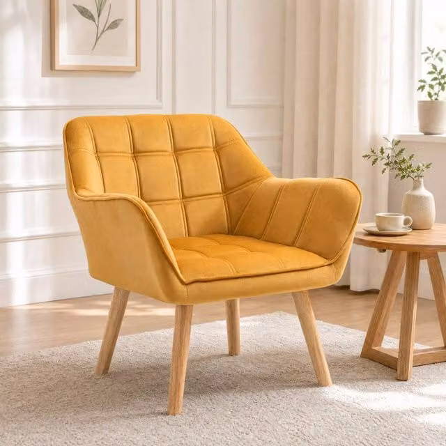 STILVORA Yellow Velvet Armchair with Metal Frame and Armrests