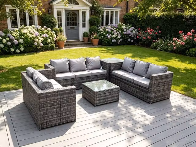 Fimous 9 Seater Rattan Garden Furniture Set with L-Shape Sofa, Coffee Table and Cushions in Grey