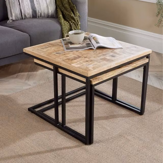 Home Source Reno Mango Wood Nest of 2 Square Tables in Natural Brown and Black