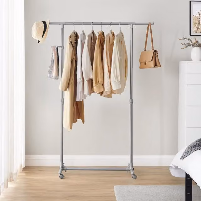 SONGMICS Clothes Rack with Castors and Dual Hook and Rail Matrix in Dove Grey and Gold