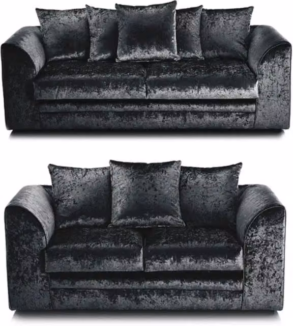 LUXURY LIFE Dylan Black Crushed Velvet 2 Seater Fabric Sofa Set with Scatter Cushions and Solid Wood Frame