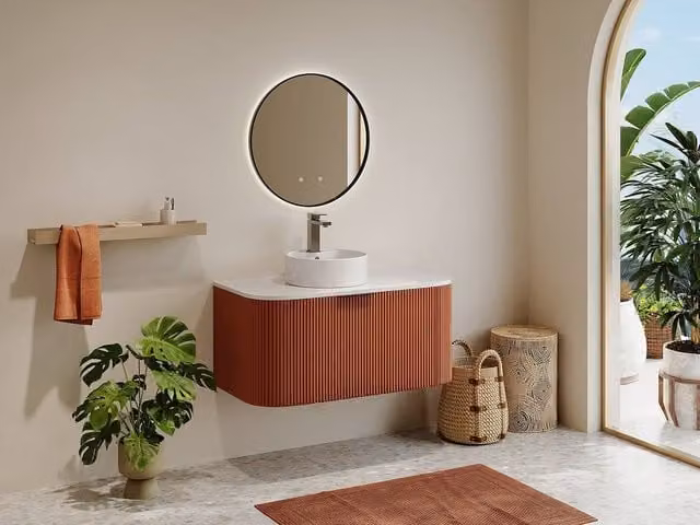 Vente-unique Striped Wall-Hung Bathroom Vanity Unit with Round Basin and Countertop in Terracotta Matt