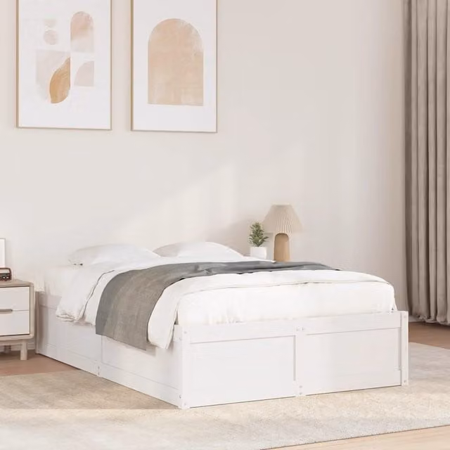 Berkfield Home White Solid Wood Pine Double Bed Frame W/D/H: 135 x 190 cm