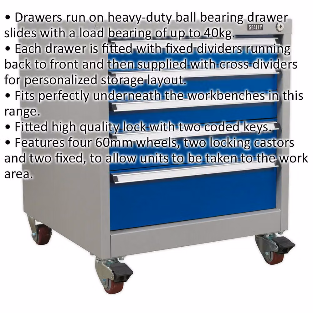 Loops Blue Industrial 5 Drawer Mobile Metal Cabinet with Lockable Castors, W/D/H: 58.0 x 51.88 x 67.5 cm – 2