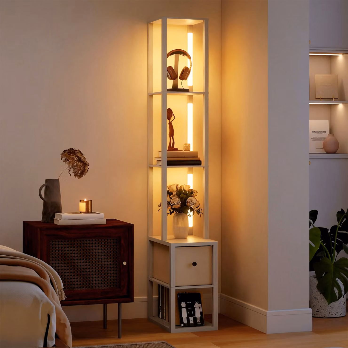 HOMCOM Modern LED Floor Lamp with Shelves and Fabric Drawer, Dimmable Warm White Column Standing Lamp in White and Wood for Living Room, Bedroom or Home Office – 2