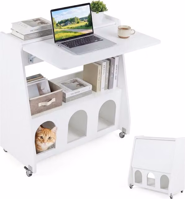 Costway Convertible Mobile Writing Desk with Lift Mechanism and Castors in White