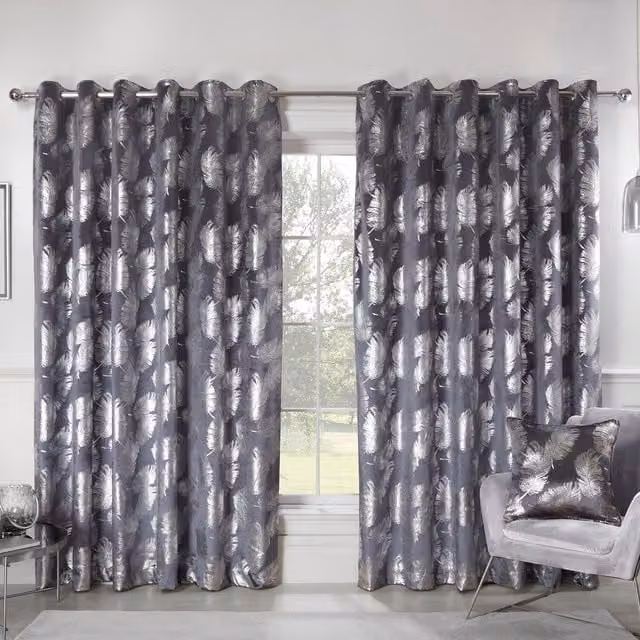 Divante Plume Metallic Feather Velvet Fabric Curtains in Anthracite Grey, W: 168 cm, H: 183 cm