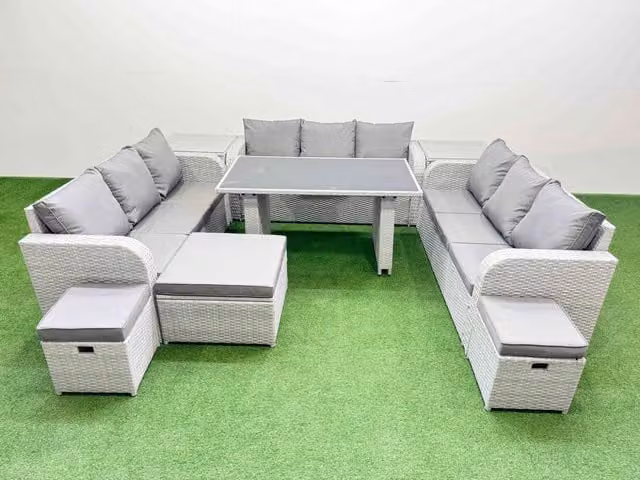 Fimous Modern Rattan Garden Furniture Set with 2 Side Tables and 3 Stools in Light Grey