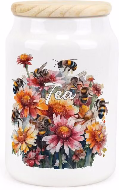 Purely Home Flowers & Bees Ceramic Tea Storage Canister in Yellow and White Floral Design