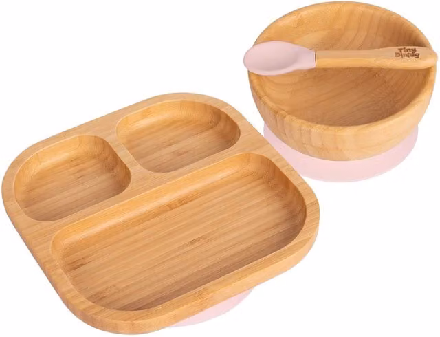 Tiny Dining 3-Piece Bamboo and Silicone Suction Feeding Set with Divided Plate in Light Pink