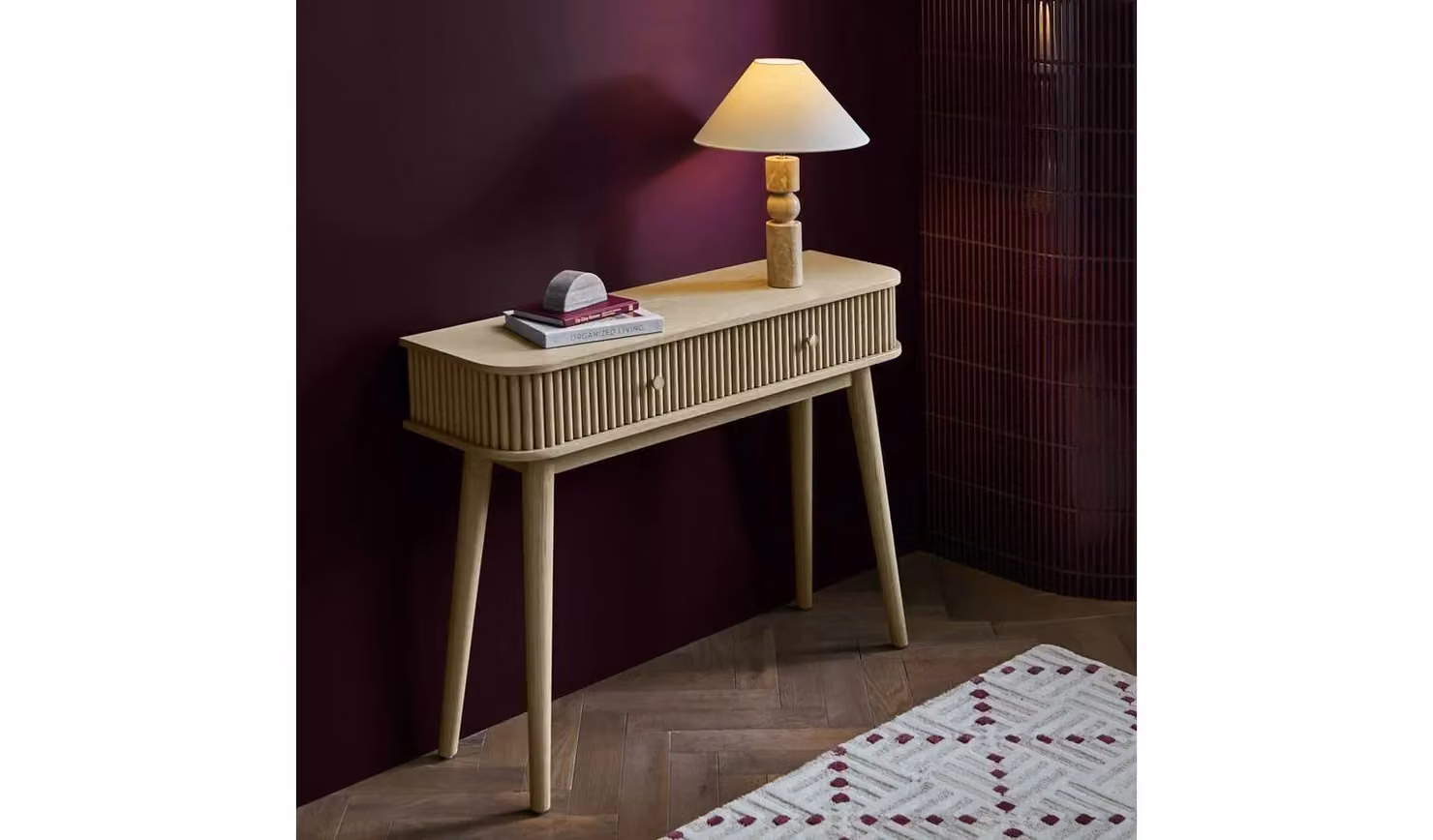 Kendi Mid-Century 2 Drawer Console Table in Natural Wood for Hallway and Bedroom, W/D/H: 110 x 30 x 81 cm