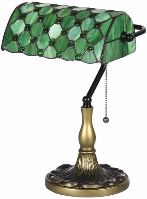 Art Nouveau Green Stained Glass Table Lamp with Brass Details
