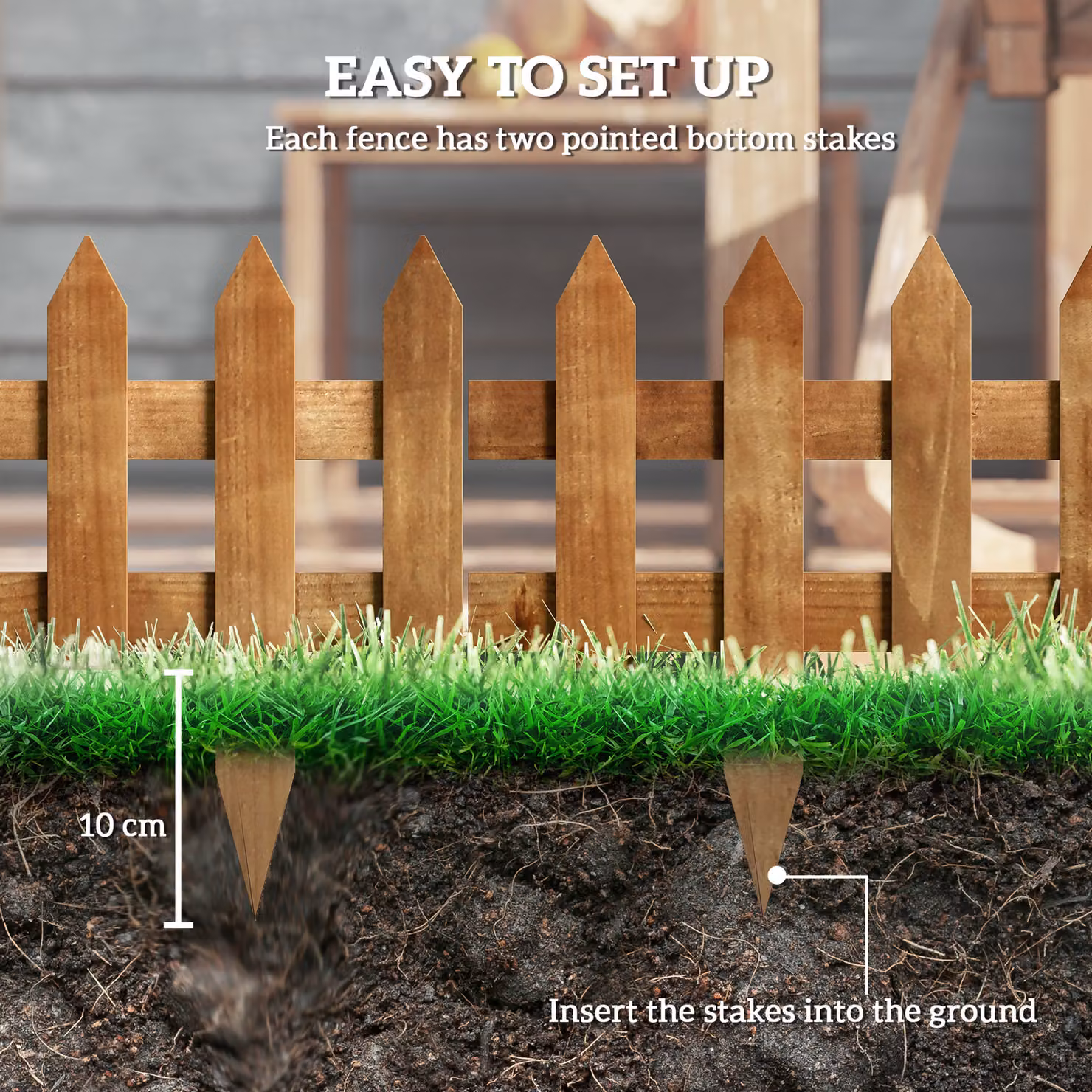 Outsunny Pack of 12 Brown Wooden Garden Border Fences for Lawn Edging and Flowerbeds, W: 60 cm, D: 1 cm, H: 34 cm – 4