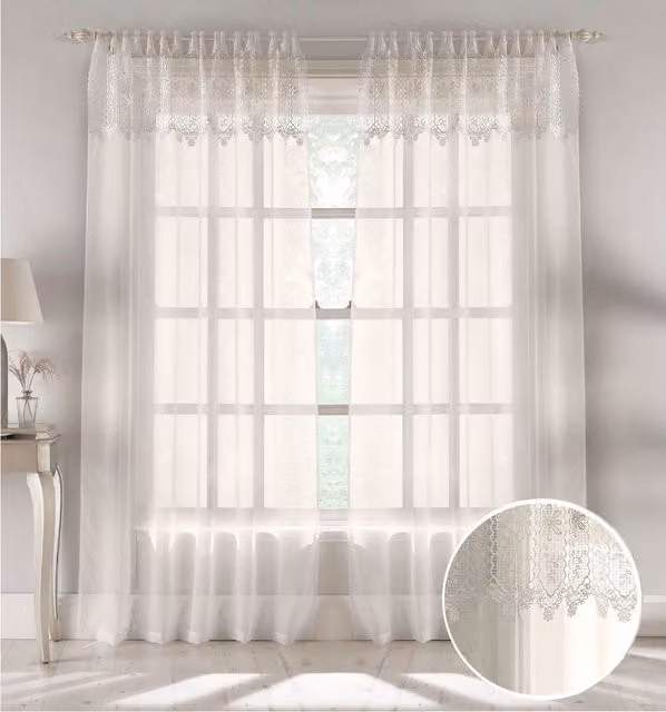 Tyrone Textiles Pair of White Sheer Voile Fabric Panels with Macrame Floral Design, Height: 229 cm