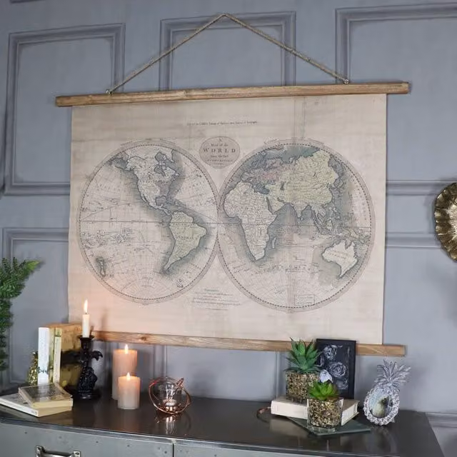 Melody Maison Large Rustic World Map Hanging Canvas Print in Beige, W: 106 cm, H: 73 cm